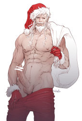 Rule 34 | 1boy, abs, bar censor, bara, beard, censored, chest hair, christmas, clothes pull, colonel sanders, erection, facial hair, feet out of frame, goatee, hat, highres, holding, holding sack, i reibun, kfc, large pectorals, long beard, long hair, male focus, mature male, muscular, muscular male, mustache, navel, navel hair, nipples, no male underwear, old, old man, pants, pants pull, pectorals, penis, pulled by self, red pants, sack, santa costume, santa hat, skindentation, smile, solo, stomach, thick thighs, thighs, topless male, veins, veiny penis, white hair