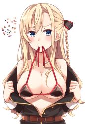Rule 34 | 1girl, absurdres, bare shoulders, belt, belt buckle, bikini, bikini in mouth, black bikini, black bow, black jacket, blonde hair, blue eyes, blush, bow, braid, breasts, brown belt, buckle, cleavage, closed mouth, clothes in mouth, collarbone, commentary request, hair between eyes, hair bow, high school fleet, highres, jacket, kapatarou, large breasts, long hair, long sleeves, looking at viewer, mouth hold, off shoulder, open clothes, open jacket, side braid, solo, swimsuit, v-shaped eyebrows, very long hair, white background, wilhelmina braunschweig ingenohl friedeburg