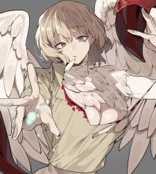 Rule 34 | 1girl, blonde hair, blood, blood on clothes, breasts, brown eyes, brown shirt, chimera, dungeon meshi, expressionless, falin touden, falin touden (chimera), feathered wings, feathers, grey background, hand up, highres, huge breasts, large breasts, looking at viewer, magic, monster girl, outstretched hand, parted lips, shirt, simple background, slit pupils, solo, talons, torn clothes, torn shirt, upper body, urec, white feathers, wings