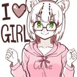 Rule 34 | + +, 1girl, alternate costume, animal ears, blush, casual, cat ears, cat girl, clenched hands, collarbone, english text, glasses, green eyes, heart, hood, hood down, hoodie, kemono friends, long sleeves, lowres, margay (kemono friends), pink hoodie, short hair, solo, totokichi
