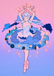 Rule 34 | 1girl, armpits, arms up, artist name, ballerina, ballet, ballet slippers, closed eyes, cloud, crescent moon, dancing, expressionless, full body, full moon, gibbous moon, gradient background, half moon, meyoco, moon, moon phases, new moon, original, pink background, pink footwear, purple background, purple hair, solo, standing, star (symbol)