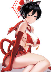 Rule 34 | animal ears, black eyes, black hair, blue archive, blush, breast curtain, breasts, closed mouth, elbow gloves, from side, gloves, halo, highres, large breasts, looking at viewer, looking to the side, miniskirt, pleated skirt, red gloves, red sailor collar, red skirt, rope, rororo, sailor collar, short hair, simple background, sitting, skirt, smile, solo, tassel, tsubaki (blue archive), underboob, white background, yokozuwari
