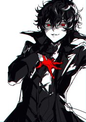 Rule 34 | 1boy, absurdres, amamiya ren, black coat, black hair, coat, evil grin, evil smile, gloves, grin, hair between eyes, highres, long sleeves, looking at viewer, male focus, messy hair, parted lips, persona, persona 5, red eyes, red gloves, shimogu, short hair, signature, simple background, smile, solo, white background