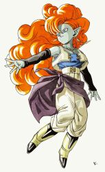 Rule 34 | 1girl, aiming, arm warmers, blue eyes, blue tube top, boots, colored skin, commentary request, cropped vest, curly hair, dragon ball, dragonball z, earrings, flick, full body, green skin, high-waist pants, highres, jewelry, kakeru (dbskakeru), long hair, necklace, orange hair, pants, pendant, pointy ears, signature, solo, strapless, tube top, very long hair, vest, white pants, zangya