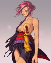 Rule 34 | 1girl, alternate color, arc system works, baiken, breasts, censored, convenient censoring, closed eyes, guilty gear, japanese clothes, katana, kimono, medium breasts, nekkeau, no bra, obi, off shoulder, pink hair, sash, scar, scar across eye, scar on face, short hair, solo, standing, sword, torn clothes, weapon
