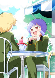 Rule 34 | 2boys, :d, artist name, awning, bad perspective, blonde hair, blue eyes, blue sky, blush, bowl, brown eyes, bush, cafe, chair, char aznable, cloud, cloudy sky, elbow rest, elbows on table, food, fruit, garma zabi, green jacket, green pants, gundam, head rest, high collar, ice cream, jacket, long sleeves, looking at another, male focus, menu board, mobile suit gundam the origin, multiple boys, open mouth, outdoors, p.kibi, pants, purple hair, short hair, signature, sitting, sky, smile, sparkle, strawberry, strawberry slice, table, teeth, upper teeth only