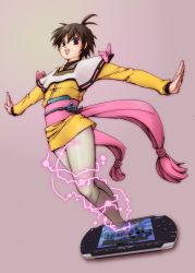 Rule 34 | 1girl, ad, ahoge, amano ai, amano ai (cosplay), blue eyes, boots, brown hair, cosplay, den&#039;ei shoujo, electricity, grey background, handheld game console, idolmaster, idolmaster (classic), kama (pixiv70746), kikuchi makoto, obi, outstretched arms, pantyhose, playstation portable, sash, short hair, skirt, smile, solo, spread arms, white pantyhose