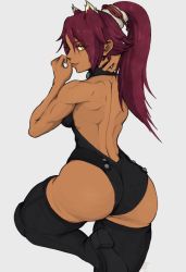Rule 34 | ass, back muscles, bleach, boots, dark-skinned female, dark skin, fang, grey background, hair ears, hair ornament, high heel boots, high heels, highres, leotard, long hair, looking back, muscular, muscular female, ponytail, purple hair, shihouin yoruichi, simple background, standing, standing on one leg, thick thighs, thigh boots, thighs, white background, yellow eyes, yoracrab