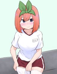 Rule 34 | 1girl, blue background, blue eyes, blush, breasts, closed mouth, collarbone, commentary request, eyebrows hidden by hair, go-toubun no hanayome, green ribbon, gym shirt, gym shorts, gym uniform, hair between eyes, hair ribbon, highres, kujou karasuma, looking at viewer, medium breasts, nakano yotsuba, name tag, orange hair, red shorts, ribbon, shirt, short shorts, short sleeves, shorts, signature, simple background, solo, sweat, thighhighs, thighhighs pull, wavy mouth, white shirt, white thighhighs