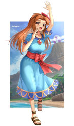 Rule 34 | 1girl, absurdres, beach, blue dress, breasts, brown eyes, dress, egg, gonzarez, highres, jewelry, large breasts, long hair, marin (zelda), mountain, necklace, nintendo, open mouth, orange hair, sandals, solo, the legend of zelda, the legend of zelda: link&#039;s awakening