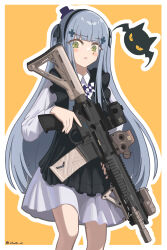 Rule 34 | 1girl, absurdres, apron, assault rifle, black apron, black hairband, blue hair, blush stickers, bow, bowtie, checkered bow, checkered bowtie, checkered clothes, cowboy shot, cross hair ornament, dress, frilled apron, frills, girls&#039; frontline, green eyes, gun, h&amp;k hk416, hair ornament, hairband, hat, highres, hk416 (black kitty&#039;s gift) (girls&#039; frontline), hk416 (girls&#039; frontline), holding, holding gun, holding weapon, long hair, looking at viewer, mini hat, mini top hat, official alternate costume, orange background, parted lips, purple headwear, rifle, solo, teardrop facial mark, teardrop tattoo, top hat, trigger discipline, twitter username, two-tone background, v0w0v v2, very long hair, weapon, white dress