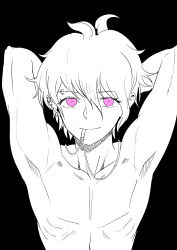 Rule 34 | 1boy, absurdres, ahoge, amami rantaro, arms behind head, arms up, black background, collarbone, danganronpa (series), danganronpa v3: killing harmony, earrings, greyscale, highres, jewelry, kuangtai (amami ryoko), looking at viewer, male focus, messy hair, monochrome, mouth hold, necklace, simple background, solo, spot color, topless male, upper body