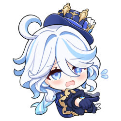 Rule 34 | 1girl, asymmetrical gloves, blue eyes, blue gloves, blue hair, blue headwear, chibi, flying teardrops, furina (genshin impact), genshin impact, gloves, hat, heterochromia, jiu fanglianhua, mini hat, mismatched gloves, open mouth, pointing, white background, white hair