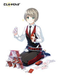 Rule 34 | 1boy, ace (playing card), ace of diamonds, ace of hearts, belt, black belt, black footwear, black necktie, black pants, black vest, bob cut, bow, card, closed mouth, closers, collared shirt, copyright name, croupier, diamond (shape), dress pants, dress shirt, dress shoes, eight of clubs, eight of spades, facing viewer, five of hearts, four of clubs, full body, green eyes, grey hair, hands up, heart, high heels, highres, holding, holding card, house of cards, king (playing card), king of spades, logo, long sleeves, looking down, male focus, mistilteinn (closers), necktie, nine of diamonds, nine of hearts, nine of spades, official art, on ground, pants, playing card, queen (playing card), queen of diamonds, red bow, seiza, shadow, shirt, short hair, sitting, six of hearts, smile, socks, solo, sparkle, sweat, swept bangs, tachi-e, ten of diamonds, three of diamonds, three of spades, vest, waistcoat, white background, white shirt, white socks, wrist bow