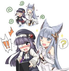 Rule 34 | !, !!, 10s, 2girls, :d, ?, ^^^, animal ears, asymmetrical legwear, black hair, black legwear, blue hair, blush, boots, chasing, chibi, dress, elbow gloves, embarrassed, erune, eyebrows, eyepatch, gloves, granblue fantasy, harvin, highres, holding, iwanya, korwa, long hair, looking at another, lunalu (granblue fantasy), mismatched legwear, mole, mole under eye, multiple girls, multiple views, nose blush, open mouth, outstretched arms, pen, pointy ears, purple eyes, running, sketchbook, sleeveless, sleeveless dress, sleeves past wrists, smile, spoken exclamation mark, spoken question mark, strapless, strapless dress, surprised, sweat, sweatdrop, swirl, thigh boots, thighhighs, very long hair, white background, white dress