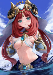 Rule 34 | 1girl, absurdres, adjusting clothes, blue gemstone, blue skirt, blue sky, bracer, breasts, bright pupils, brooch, circlet, closed mouth, clothing cutout, cloud, detached sleeves, fake horns, gem, genshin impact, hand under clothes, hands up, harem outfit, highres, horns, jewelry, long hair, looking at viewer, low twintails, medium breasts, navel, neck ring, nilou (genshin impact), onzzy, outdoors, parted bangs, partially submerged, red hair, revealing clothes, signature, skirt, sky, solo, stomach, twintails, veil, water, wet, white headwear, white pupils