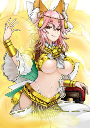 Rule 34 | 10s, 1girl, amaterasu (fate), animal ears, blush, bracer, breasts, fate/extra, fate/grand order, fate (series), fox ears, fox tail, hair ornament, highleg, highleg panties, isse, large breasts, long hair, midriff, navel, official alternate costume, panties, parted lips, pink hair, smile, solo, tail, tamamo (fate), tamamo no mae (fate/extra), tassel, underboob, underwear, white panties, yellow eyes