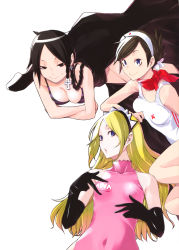 Rule 34 | 3girls, absurdres, ascot, bare shoulders, bikini, black eyes, black gloves, black hair, blonde hair, blue eyes, braid, breasts, brown hair, cleavage, collarbone, covered navel, elbow gloves, flower, gloves, hair flower, hair ornament, hair up, hairband, highres, looking at viewer, lying, mariabell, medium breasts, multiple girls, on back, on side, on stomach, one-piece swimsuit, pink one-piece swimsuit, scan, shinatsuhiko yae, short hair, simple background, small breasts, smile, striped bikini, striped clothes, swept bangs, swimsuit, v juri f, white background, yasuda suzuhito, yozakura quartet