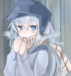 Rule 34 | 10s, 1girl, anchor symbol, aqua eyes, blue eyes, covered mouth, hibiki (kancolle), highres, kantai collection, long hair, looking at viewer, okitsugu, own hands together, plaid, plaid scarf, sailor collar, scarf, solo, sweater, upper body