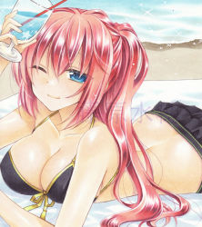 Rule 34 | 1girl, ;d, beach, bikini, bikini skirt, bikini top only, black bikini, black skirt, blue eyes, breasts, butt crack, cleavage, collarbone, cup, day, drinking straw, fujiwara minaho, hair between eyes, halterneck, holding, holding cup, large breasts, long hair, lying, marker (medium), megurine luka, on stomach, one eye closed, open mouth, outdoors, red hair, ribbon, side ponytail, skirt, smile, solo, swimsuit, traditional media, vocaloid, watermark, yellow ribbon