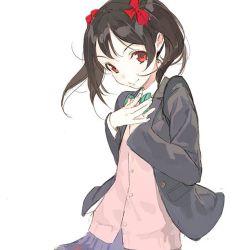 Rule 34 | 10s, 1girl, bad id, bad twitter id, black hair, blazer, bow, bowtie, female focus, green bow, green bowtie, hair bow, hands on own chest, jacket, jpeg artifacts, long sleeves, looking at viewer, love live!, love live! school idol project, pako (pakosun), red bow, red eyes, red ribbon, ribbon, school uniform, simple background, skirt, smile, solo, striped bow, striped bowtie, striped clothes, striped neckwear, striped ribbon, twintails, uniform, white background, yazawa nico