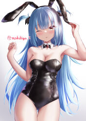 Rule 34 | 1girl, ;p, absurdres, alternate costume, animal ears, armpits, azur lane, bare legs, bare shoulders, black bow, black leotard, black ribbon, blue hair, blush, bow, bowtie, breasts, cleavage, commentary request, cowboy shot, detached collar, fake animal ears, hair ribbon, hand on own ear, hands up, highres, hip focus, leotard, long hair, makihige, medium breasts, neptune (azur lane), one eye closed, pulling own clothes, pulling own ear, rabbit ears, ribbon, signature, simple background, skin tight, solo, standing, thigh gap, thighs, tongue, tongue out, very long hair, yellow eyes