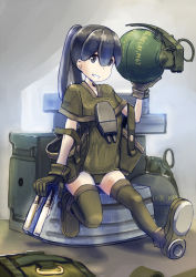 Rule 34 | 1girl, ammunition, ammunition box, black hair, boots, brown eyes, cartridge, combat boots, erica (naze1940), explosive, fragmentation grenade, gloves, green footwear, green gloves, grenade, grin, hair between eyes, hand grenade, high ponytail, highres, holding, leather, leather gloves, long hair, looking at viewer, m67 grenade, magazine (weapon), military, mini person, minigirl, original, ponytail, sitting, smile, solo, split ponytail, teeth, thighhighs