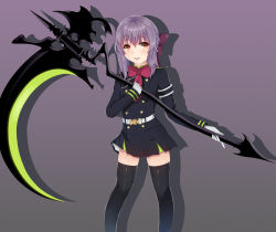 Rule 34 | 10s, 1girl, bad id, bad pixiv id, black thighhighs, bow, brown eyes, gloves, gradient background, hair bow, highres, hiiragi shinoa, holding, holding weapon, long hair, looking at viewer, open mouth, owari no seraph, puririn, purple background, purple hair, ribbon, scythe, simple background, skirt, smile, solo, thighhighs, uniform, weapon, zettai ryouiki
