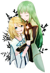 Rule 34 | 00s, 1boy, 1girl, blonde hair, blue eyes, bracelet, breasts, brother and sister, capelet, cleavage, dress, closed eyes, green hair, jewelry, leaf, long hair, martel yggdrasill, mithos yggdrasill, open mouth, short hair, siblings, tales of (series), tales of symphonia