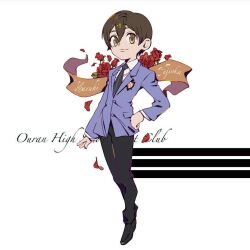 Rule 34 | 1girl, alderion-al, black necktie, brown eyes, brown hair, character name, commentary request, commission, copyright name, flower, fujioka haruhi, full body, hair between eyes, hand on own hip, necktie, ouran high school host club, ouran high school uniform, petals, red flower, red rose, reverse trap, rose, rose petals, school uniform, short hair, solo, spanish commentary