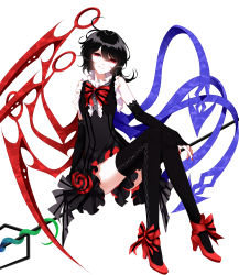 Rule 34 | 1girl, absurdres, adapted costume, ankle ribbon, asymmetrical hair, bad id, bad pixiv id, black dress, black hair, bow, breasts, detached sleeves, dress, frilled dress, frills, full body, hair between eyes, head tilt, high heels, highres, houjuu nue, leg ribbon, long legs, looking at viewer, nail polish, polearm, red eyes, red footwear, red nails, ribbon, sheya, shiny clothes, shoes, simple background, sitting, sleeveless, sleeveless dress, small breasts, smile, snake, solo, thighhighs, touhou, trident, weapon, white background, zettai ryouiki