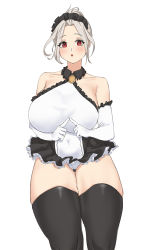 1girl bigfall black_thighhighs breasts elbow_gloves gloves highres huge_breasts labiata_(last_origin) last_origin looking_at_viewer maid maid_headdress navel prototype_labiata red_eyes simple_background skindentation solo thick_thighs thighhighs thighs white_background white_gloves white_hair