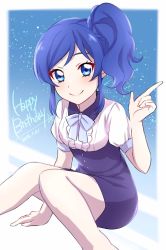 Rule 34 | 1girl, aikatsu!, aikatsu! (series), blue background, blue dress, blue eyes, blue hair, blush, closed mouth, dated, dress, feet out of frame, happy birthday, index finger raised, kiriya aoi, knees together feet apart, looking at viewer, pointing, puffy short sleeves, puffy sleeves, sekina, shirt, short sleeves, side ponytail, sitting, smile, solo, star (symbol), starry background, white shirt