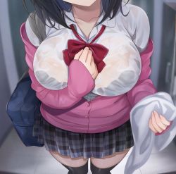Rule 34 | 1girl, azuki yui, bag, black hair, black thighhighs, bow, bowtie, bra visible through clothes, breasts, cardigan, collarbone, collared shirt, doorway, head out of frame, highres, holding, holding towel, large breasts, long sleeves, medium hair, original, pink cardigan, plaid, plaid skirt, pleated skirt, red bow, red bowtie, school bag, school uniform, see-through, shirt, skirt, solo, thighhighs, towel, wet, wet clothes, white shirt