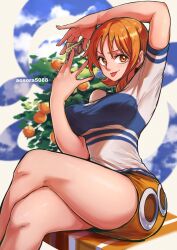 Rule 34 | 1girl, aosora2823, artist name, breasts, commentary, crossed legs, english commentary, feet out of frame, hair between eyes, happy birthday, highres, holding, holding money, legs, looking at viewer, medium breasts, money, nami (one piece), one piece, orange eyes, orange hair, short hair, short sleeves, shorts, sitting, solo, tongue, tongue out, watermark