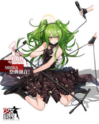 Rule 34 | &gt;:(, 1girl, alternate costume, bare shoulders, black dress, black footwear, black gloves, blush, boots, character name, clenched teeth, copyright name, dress, fingerless gloves, frown, full body, girls&#039; frontline, gloves, green hair, hair between eyes, highres, holding, holding microphone, kneeling, long hair, m950a (girls&#039; frontline), microphone, microphone stand, official alternate costume, official art, out of frame, sidelocks, simple background, solo focus, striped clothes, striped gloves, teeth, twintails, v-shaped eyebrows, white background, zagala