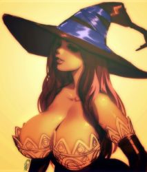 Rule 34 | 1girl, backlighting, bad id, bad tumblr id, breasts, brown hair, cleavage, detached sleeves, dragon&#039;s crown, dress, hat, hat ribbon, highres, huge breasts, large breasts, lips, long hair, no bra, parted lips, ribbon, robaato, signature, simple background, sketch, solo, sorceress (dragon&#039;s crown), strapless, strapless dress, upper body, vanillaware, witch hat