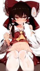 Rule 34 | ..., 1girl, absurdres, bare shoulders, black hair, blush, bow, brown eyes, closed mouth, collarbone, cum, cum on body, detached sleeves, facial, groin, hagure kedama, hair bow, hair tubes, hakurei reimu, heart, highres, japanese clothes, long hair, looking at viewer, navel, nontraditional miko, pantyhose, red bow, ribbon-trimmed sleeves, ribbon trim, sidelocks, solo, speech bubble, spoken ellipsis, touhou, white pantyhose, white sleeves, wide sleeves