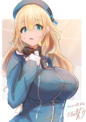 Rule 34 | 1girl, absurdres, ascot, atago (kancolle), beret, black gloves, blonde hair, blouse, blue hat, blue jacket, blush, breasts, brown background, collared shirt, dated, fur collar, gloves, green eyes, hand on own chest, hat, highres, jacket, kantai collection, large breasts, long hair, long sleeves, military, military uniform, open mouth, saamon (salmonkomaku), shirt, solo, twitter username, uniform, upper body, white background, white shirt