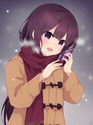Rule 34 | 1girl, blush, breath, can, can to cheek, coat, duffel coat, highres, holding, holding can, long hair, long sleeves, looking at viewer, open mouth, original, purple eyes, purple hair, rageno0000, scarf, shiruko (food), smile, snowing, solo, upper body, very long hair