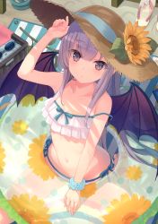 Rule 34 | 1girl, absurdres, armpits, bare arms, bare shoulders, barefoot, basket, beach mat, bikini, breasts, closed mouth, collarbone, demon wings, expressionless, floral print, flower, from above, grey eyes, grey hair, hand up, hat, hat flower, highres, innertube, leaf, long hair, looking at viewer, original, sand, scan, scrunchie, side-tie bikini bottom, sitting, slippers, small breasts, soles, solo, strap slip, straw hat, sun hat, sunflower, sunglasses, swim ring, swimsuit, toes, very long hair, wariza, white bikini, wings, wrist scrunchie, yashiro seika