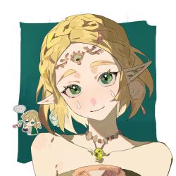 Rule 34 | 1boy, 1girl, bare shoulders, blonde hair, blush, braid, chibi, chibi inset, closed mouth, collarbone, crown braid, dangle earrings, dot nose, earrings, green background, green eyes, hair ornament, hairclip, head tilt, heart, highres, jewelry, link, looking at viewer, magatama, magatama necklace, necklace, nintendo, nose blush, pointy ears, princess zelda, short hair, simple background, smile, solo focus, teardrop facial mark, the legend of zelda, the legend of zelda: tears of the kingdom, thick eyebrows, ximi, ximi0910