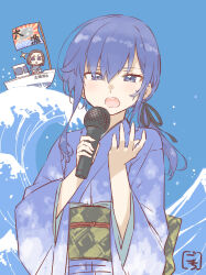 Rule 34 | 2girls, :d, animal, artist name, assault lily, bad id, bad twitter id, black ribbon, blue background, blue eyes, blue hair, blue kimono, boat, bow, chibi, chibi inset, commentary, fish, flag, gochisousama (tanin050), hair between eyes, hair ribbon, hands up, hayami katsura, highres, holding, holding animal, holding fish, holding microphone, japanese clothes, kimono, long hair, long sleeves, looking at viewer, low ponytail, microphone, multiple girls, music, nakahara mary tomoyo, obi, obijime, onose mirai, open mouth, parted lips, ribbon, sash, side ponytail, sidelocks, signature, singing, smile, solid circle eyes, sparkle, tairyou-bata, teeth, translated, upper teeth only, v-shaped eyebrows, voice actor connection, water, watercraft, waves, wide sleeves