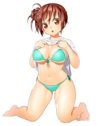 Rule 34 | 1girl, :o, aqua bikini, barefoot, bikini, breasts, brown eyes, brown hair, cleavage, clothes lift, front-tie top, head tilt, kneeling, large breasts, looking at viewer, navel, onsoku inu, original, shiny skin, shirt lift, short hair, side-tie bikini bottom, simple background, solo, swimsuit, tareme, thick thighs, thighs, white background, wide hips