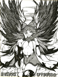 Rule 34 | 1girl, bird wings, boots, bow, breasts, character name, clothing cutout, commentary request, foot out of frame, frilled skirt, frills, greyscale, hair bow, hand on own face, highres, ishida kazuma, large breasts, long hair, looking at viewer, monochrome, open clothes, open mouth, open shirt, reiuji utsuho, shikishi, short sleeves, shoulder cutout, skirt, smile, solo, thick thighs, thighhighs, thighs, third eye, torn clothes, torn thighhighs, touhou, traditional media, underboob, wings