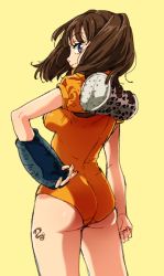 Rule 34 | 10s, 1girl, ass, backpack, bad id, bad pixiv id, bag, bodysuit, breasts, brown hair, clenched hand, cowboy shot, diane (nanatsu no taizai), from side, gauntlets, gloves, hand on own hip, happy, leotard, light smile, long hair, looking at viewer, looking back, nanatsu no taizai, profile, puffy short sleeves, puffy sleeves, purple eyes, short hair, short sleeves, short twintails, simple background, sketch, smile, solo, standing, tattoo, twintails, yellow background, yukichi (ohuton zzz)