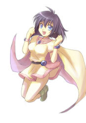 Rule 34 | 1girl, amelia wil tesla seyruun, belt, blue eyes, boots, breasts, cape, full body, green footwear, jewelry, jumping, looking at viewer, open mouth, pentagram, purple hair, short hair, simple background, slayers, solo, white background