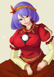 Rule 34 | autumn leaves, blue hair, breasts, brown skirt, eiti, hairband, hands on lap, highres, large breasts, lips, long sleeves, looking at viewer, mirror, nail polish, neck, parted lips, puffy short sleeves, puffy sleeves, purple nails, red eyes, red shirt, rope, shimenawa, shirt, short sleeves, simple background, sitting, skirt, smile, teeth, touhou, yasaka kanako