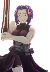Rule 34 | 1girl, arm cannon, armpits, artist request, bare shoulders, belt, belted dress, black dress, blue hair, boku no hero academia, breasts, collarbone, dress, eyebrows, eyelashes, female focus, fingernails, gun, hands up, highres, lady nagant, large breasts, legs, looking at viewer, medium hair, multicolored hair, muscular, muscular arms, muscular female, neck, pale skin, parted bangs, parted lips, pink eyes, pink hair, rifle, sidelocks, simple background, sleeveless, sleeveless dress, smile, smug, sniper rifle, standing, thighs, turtleneck, turtleneck dress, two-tone hair, utility belt, weapon, white background