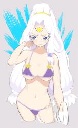 Rule 34 | 1girl, adjusting hair, averting eyes, bare shoulders, bikini, blue eyes, breasts, closed mouth, commentary request, cropped legs, embarrassed, forehead jewel, frown, furrowed brow, grey background, hand up, janis (pripara), long hair, looking to the side, low-tied long hair, medium breasts, moudoku (decopon3rd), navel, parted bangs, ponytail, pretty series, pripara, purple bikini, solo, standing, swimsuit, very long hair, white hair